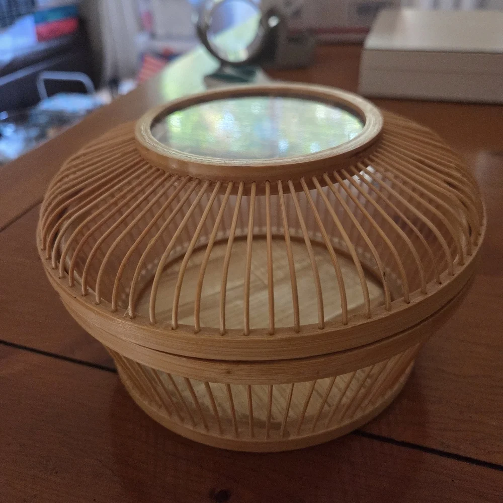 Vintage Bamboo Lucky Cricket Cage Woven Starburst Pattern Protected With Glass